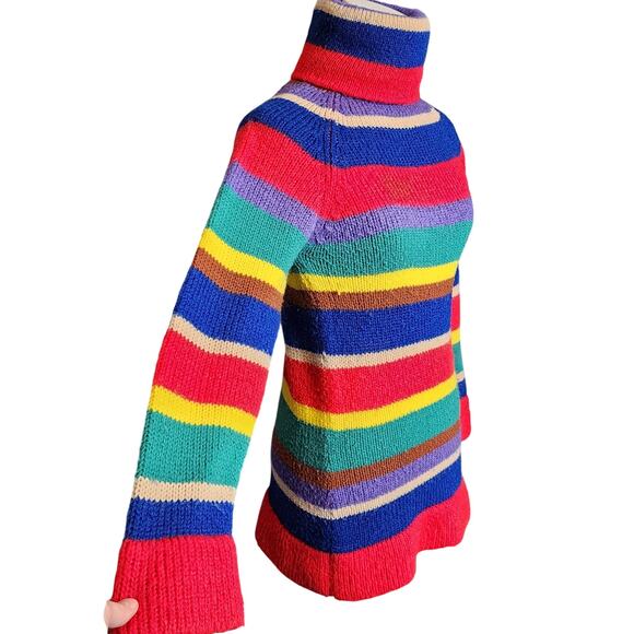 Vtg 70s Hukapoo Colorful Rainbow Striped Funky Turtleneck Knit Unisex Sweater M - Picture 2 of 7